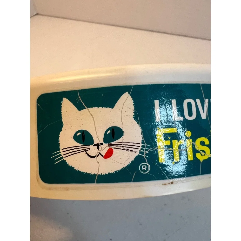 Vintage Friskies Cat Food Bowl I Love My Friskies Plastic White Retro Pet Dish